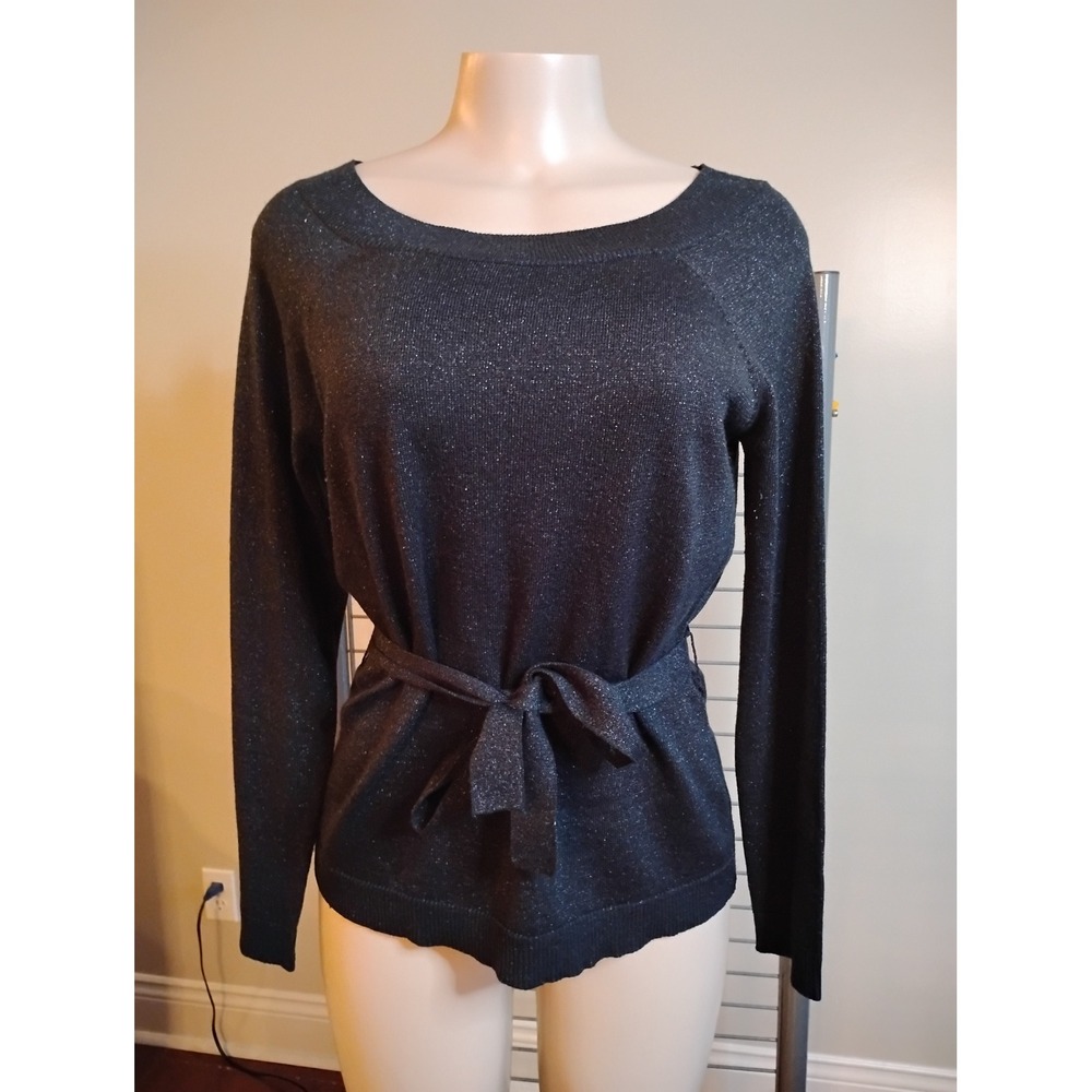 New York & Company Metallic Shimmer Belted Sweater Grey Boat Neck Long Sleeve M